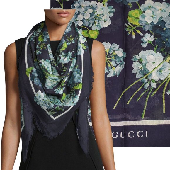 GUCCI SCARF 550905 NEW BLOOMS BLOOMY MIDNIGHT BLUE MODAL SILK FLORAL SQUARE 55"
